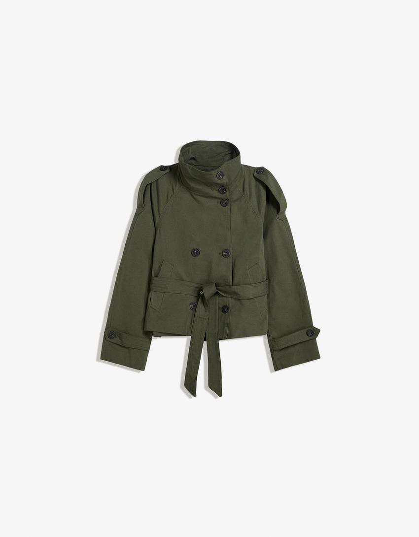 Navorra | Kurzer Trenchcoat mit hohem Kragen & Bindegürtel