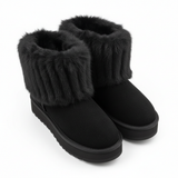 schwarze Winterstiefel mit dicker Fellkrempe und Plateau – warme gefütterte Damen Schneestiefel