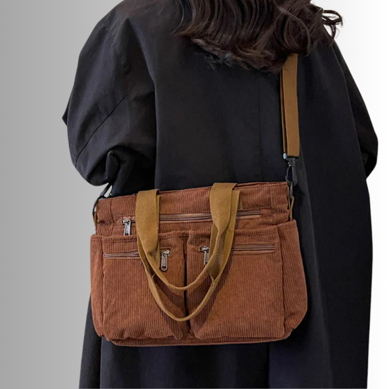 Braune Cord-Handtasche mit Reißverschlüssen