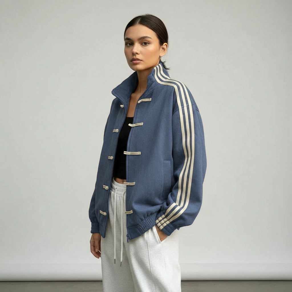 Yúmei Track Jacket Damen Retro-Sportjacke Blau mit Knopfdetails mit Schlaufen