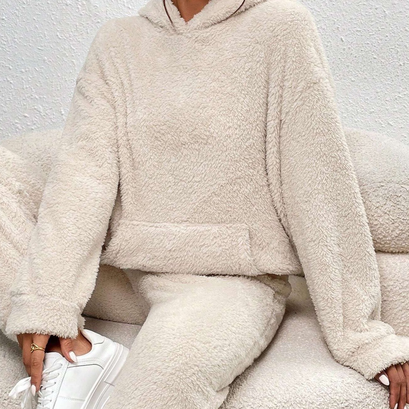 Beige Teddy Fleece Hausanzug mit Kapuze für Damen