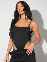 Strappy Bodysuit Damen Schwarz mit offenem Rücken – NightCharm von Talaine, Vorderansicht