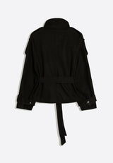 Kurzer Trenchcoat mit Stehkragen und Bindegürtel in Schwarz