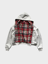 Rivara Wende-Hoodie Damen – grauer Sweat-Stoff mit rot-kariertem Innenfutter, Flatlay-Ansicht geöffnet
