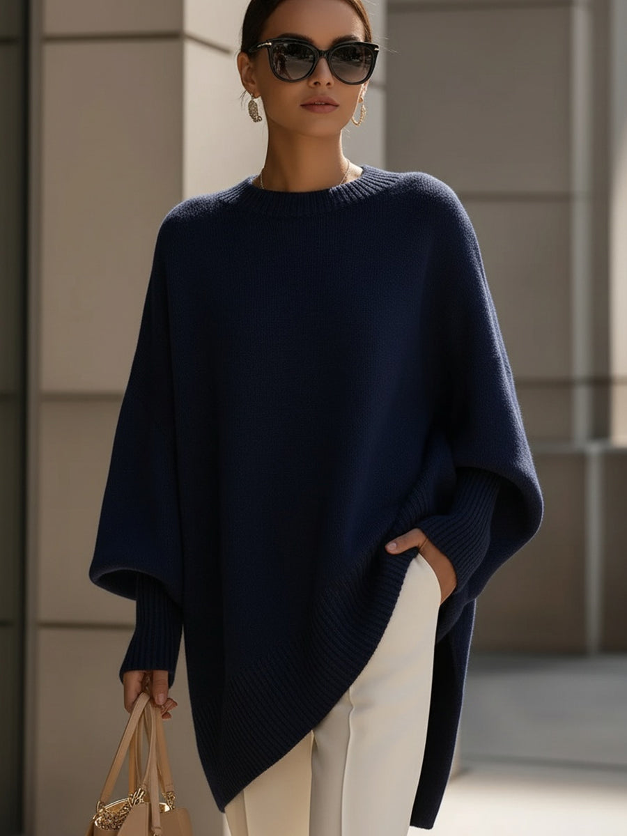 Schwarzer Oversized Strickpullover Damen mit Fledermausärmeln und Rundhals