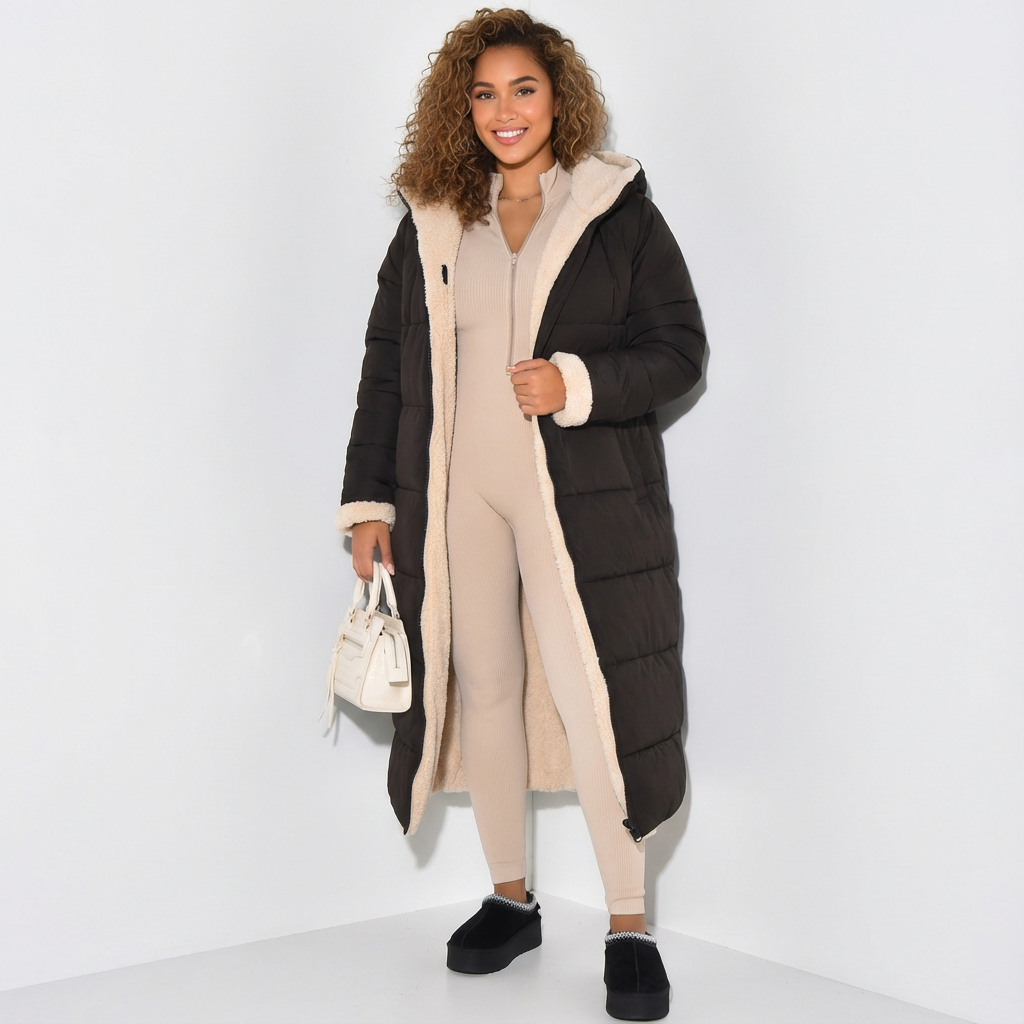 lange Damenjacke wendbar mit Teddy-Innenseite