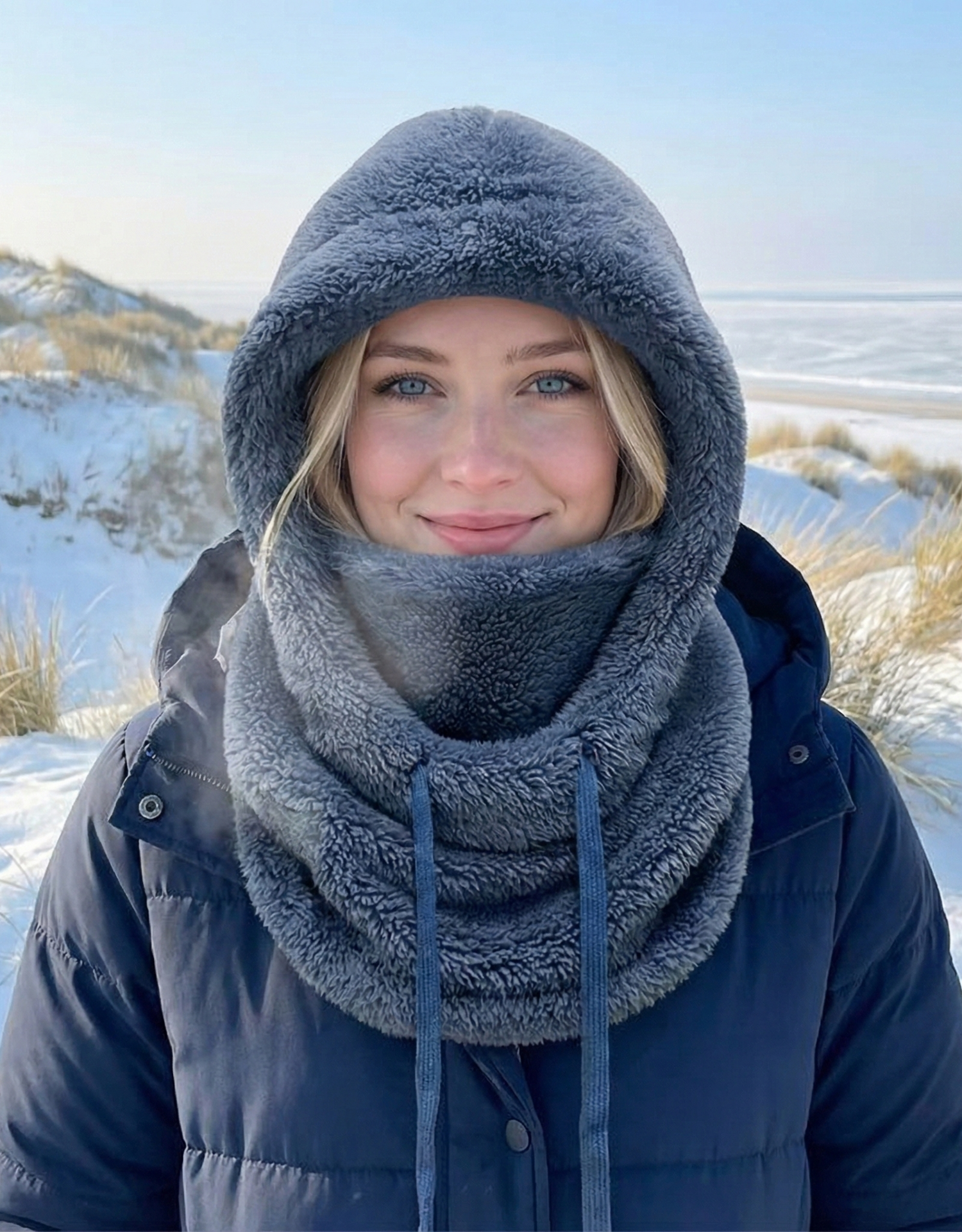 blau teddy hood schal mit kapuze seitlich getragen in verschneiten dünen