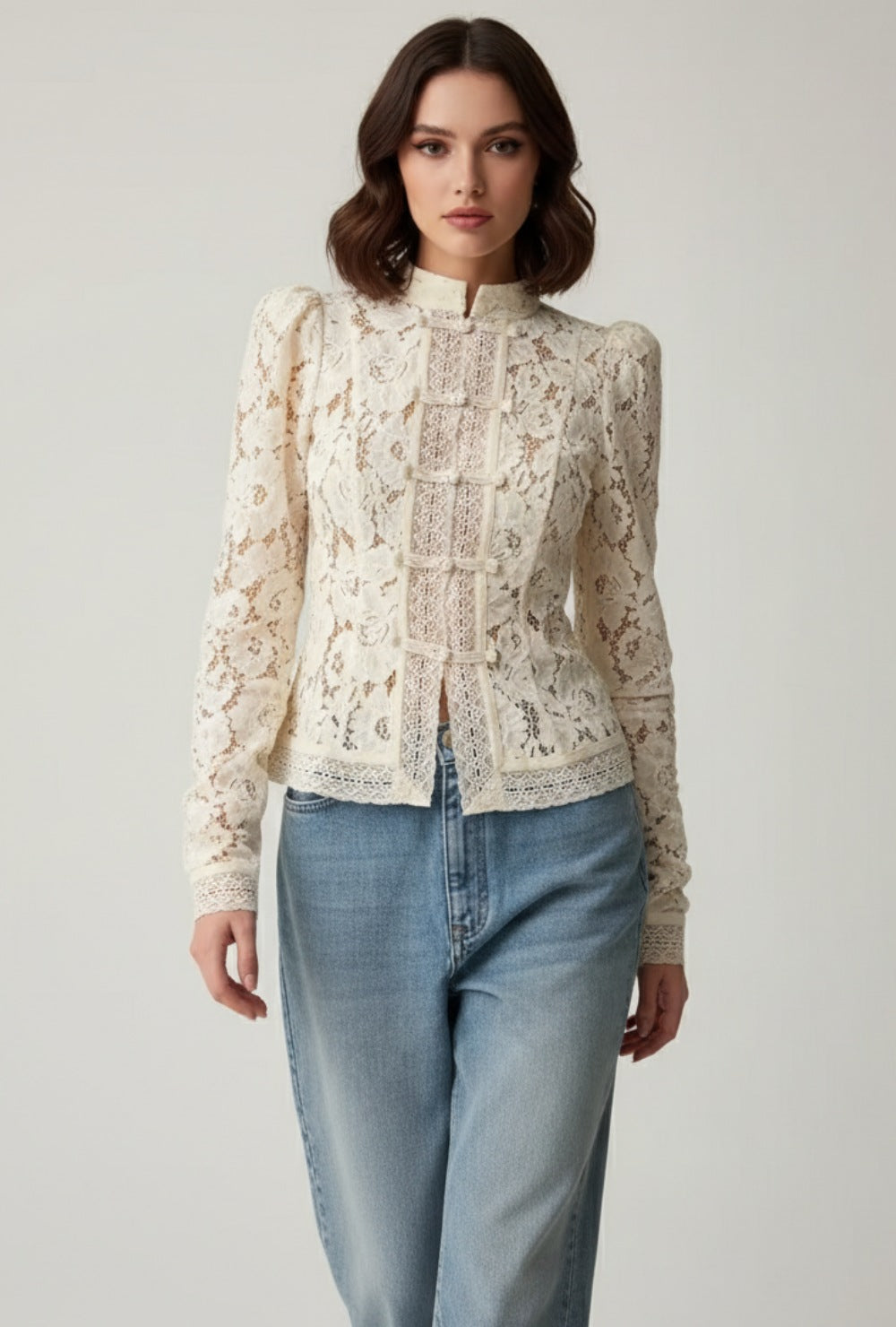 Lunéa Spitzenbluse Damen Creme Beige mit Spitzenstruktur