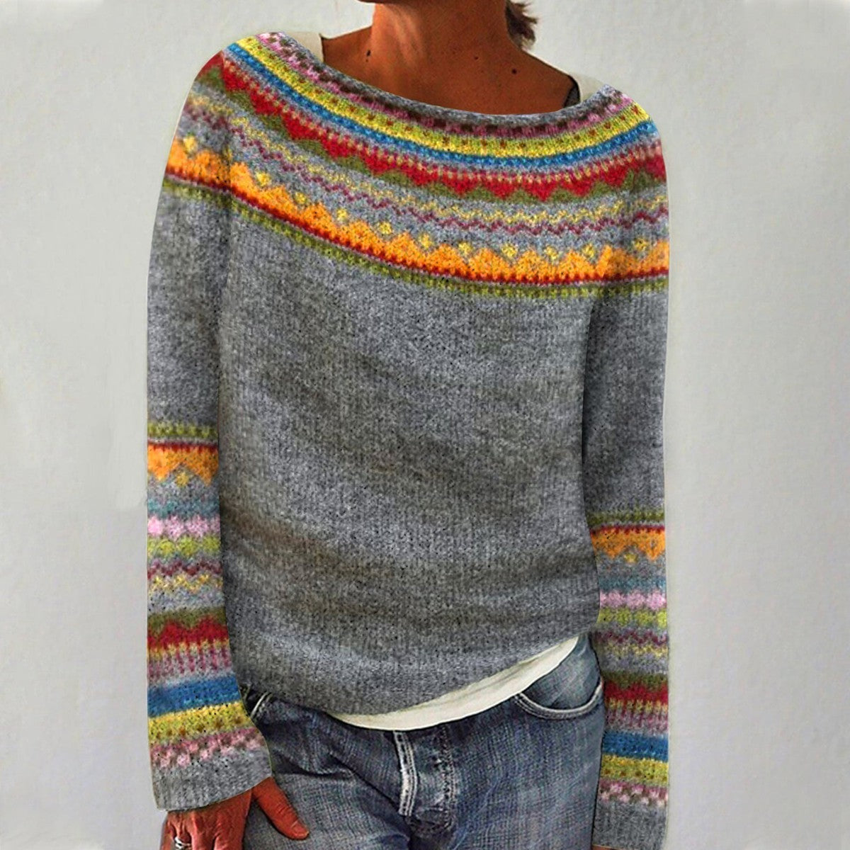 Strickpullover Damen Vintage grau bunt
