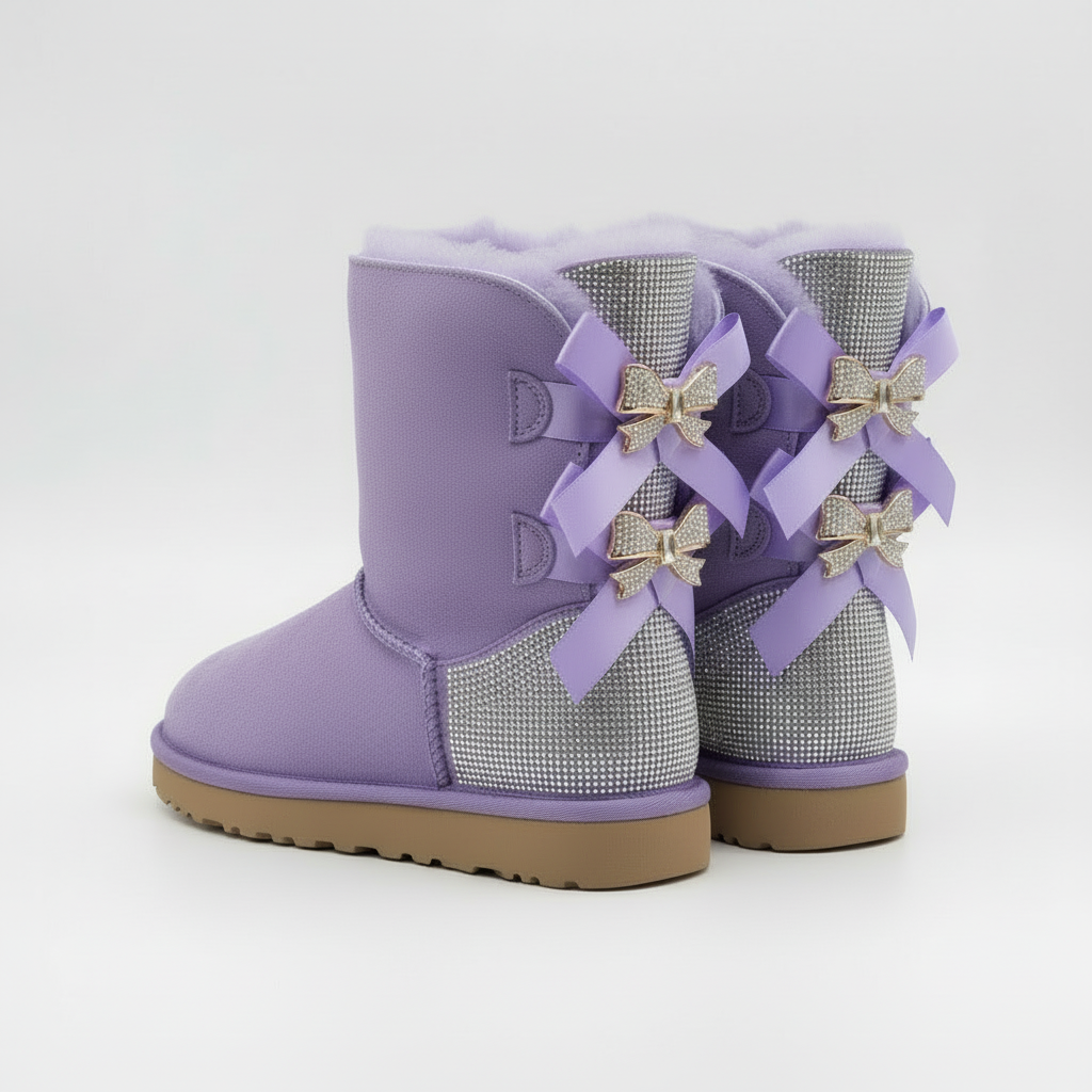  lila wildleder winterstiefel damen mit glitzerferse und satin-schleifen