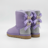  lila wildleder winterstiefel damen mit glitzerferse und satin-schleifen