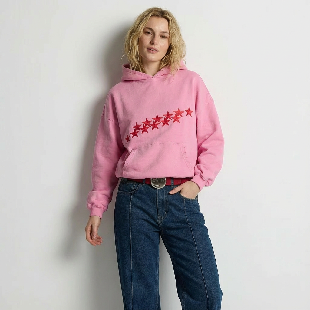 Rosa oversize hoodie mit rotem sternenprint auf der brust