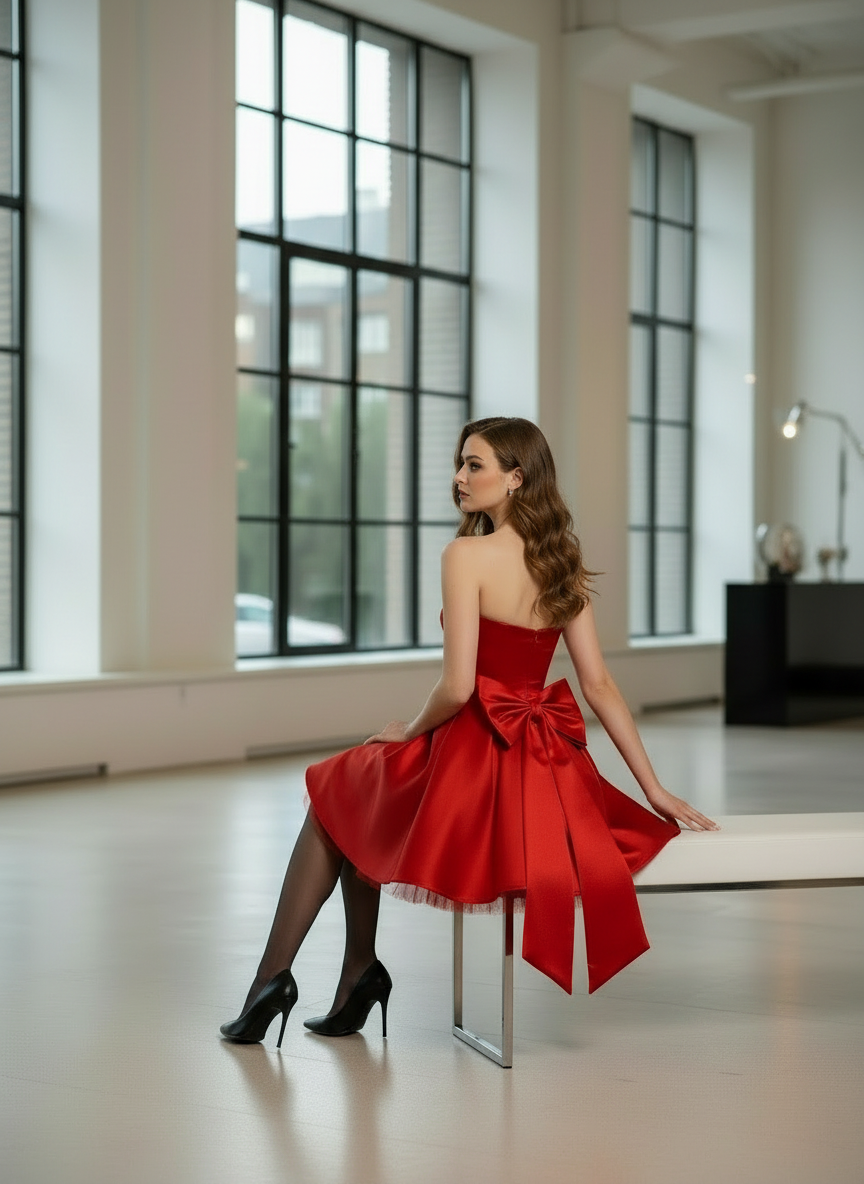 Rivella Bow Mini Dress rot Seitenansicht mit Schleifen Detail