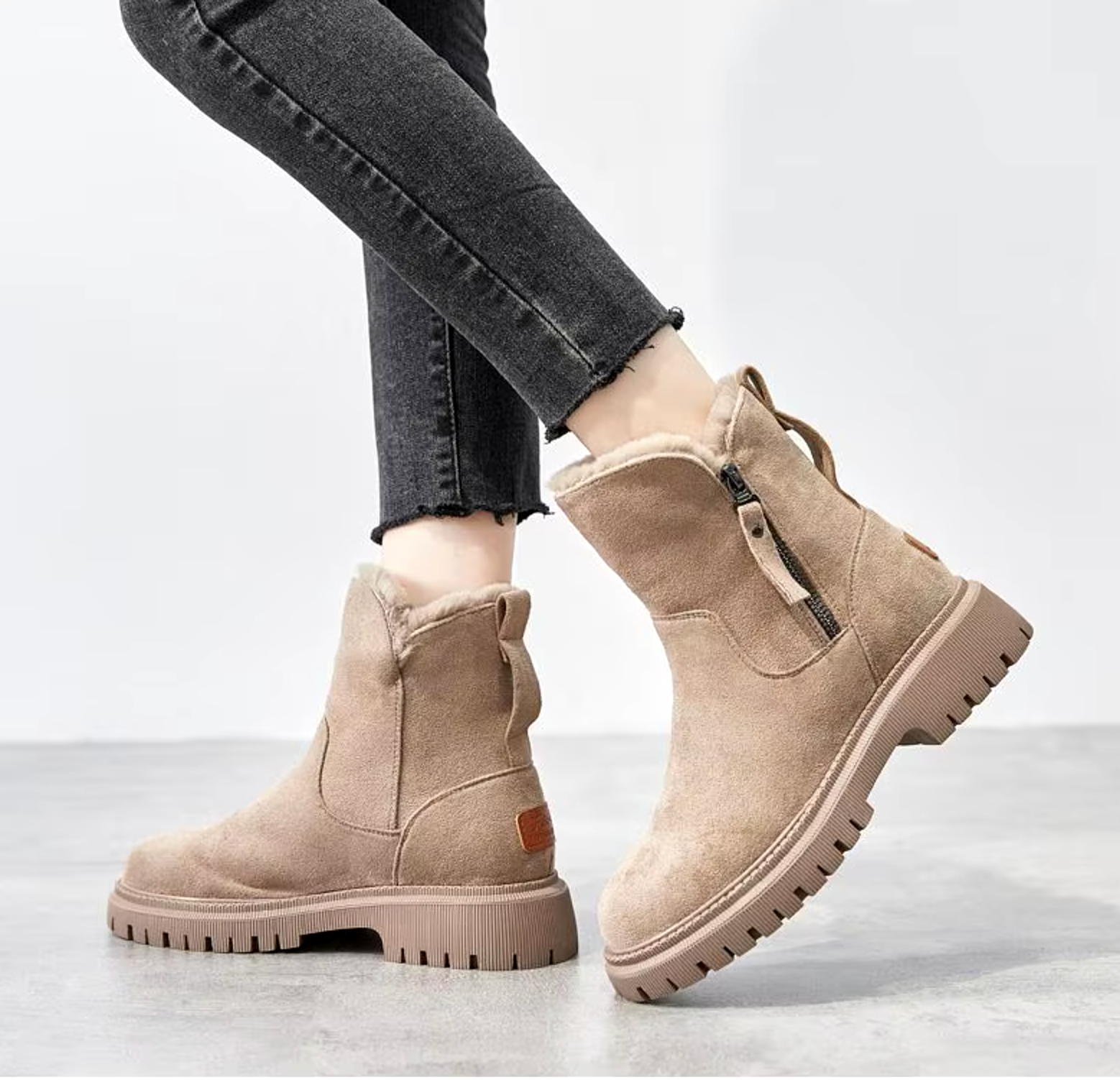 beige stiefeletten damen mit fellfutter und chunky sohle