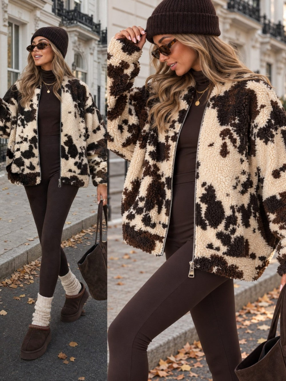 Kuhmuster-Teddyjacke Damen für trendige Layering-Outfits