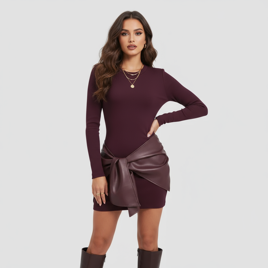 Narelle Kleid Damen in Weinrot mit veganem Leder-Detail