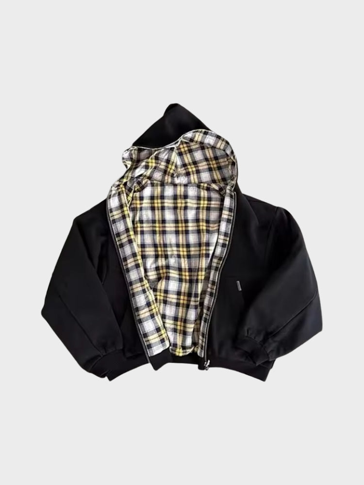 Rivara Hoodie Damen in Schwarz mit gelb-schwarzem Karo-Detail, Flatlay-Ansicht geöffnet