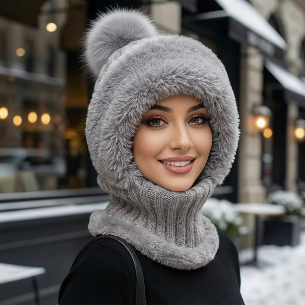 graue Balaclava Wintermütze mit weicher Kunstfellkante