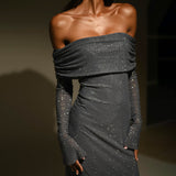 Noëlle Maxi Kleid in Grau Off-Shoulder mit Glitzer
