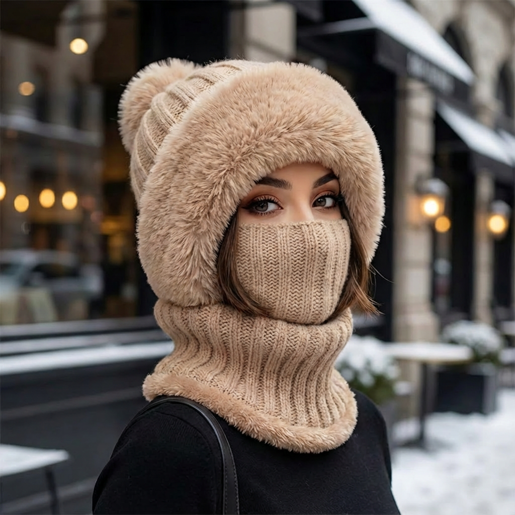 beige Wintermütze mit Kunstfell und integriertem Schlauchschal