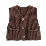 Gestrickte Damenweste mit V-Ausschnitt und goldenen Knöpfen