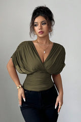 Celestine Drapé-Bluse Damen mit V-Ausschnitt und Taillenraffung in Schwarz