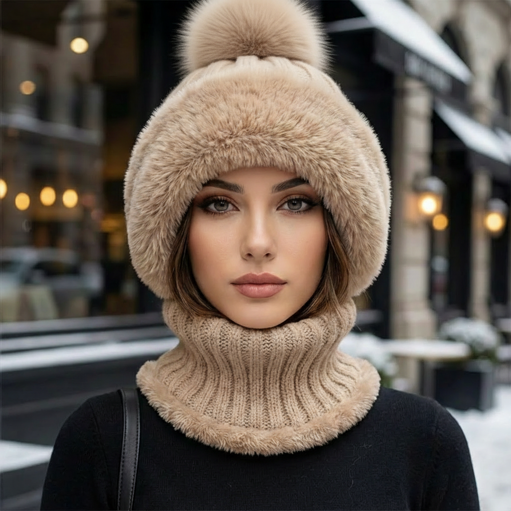 Khaki Wintermütze mit Kunstfell und integriertem Schlauchschal