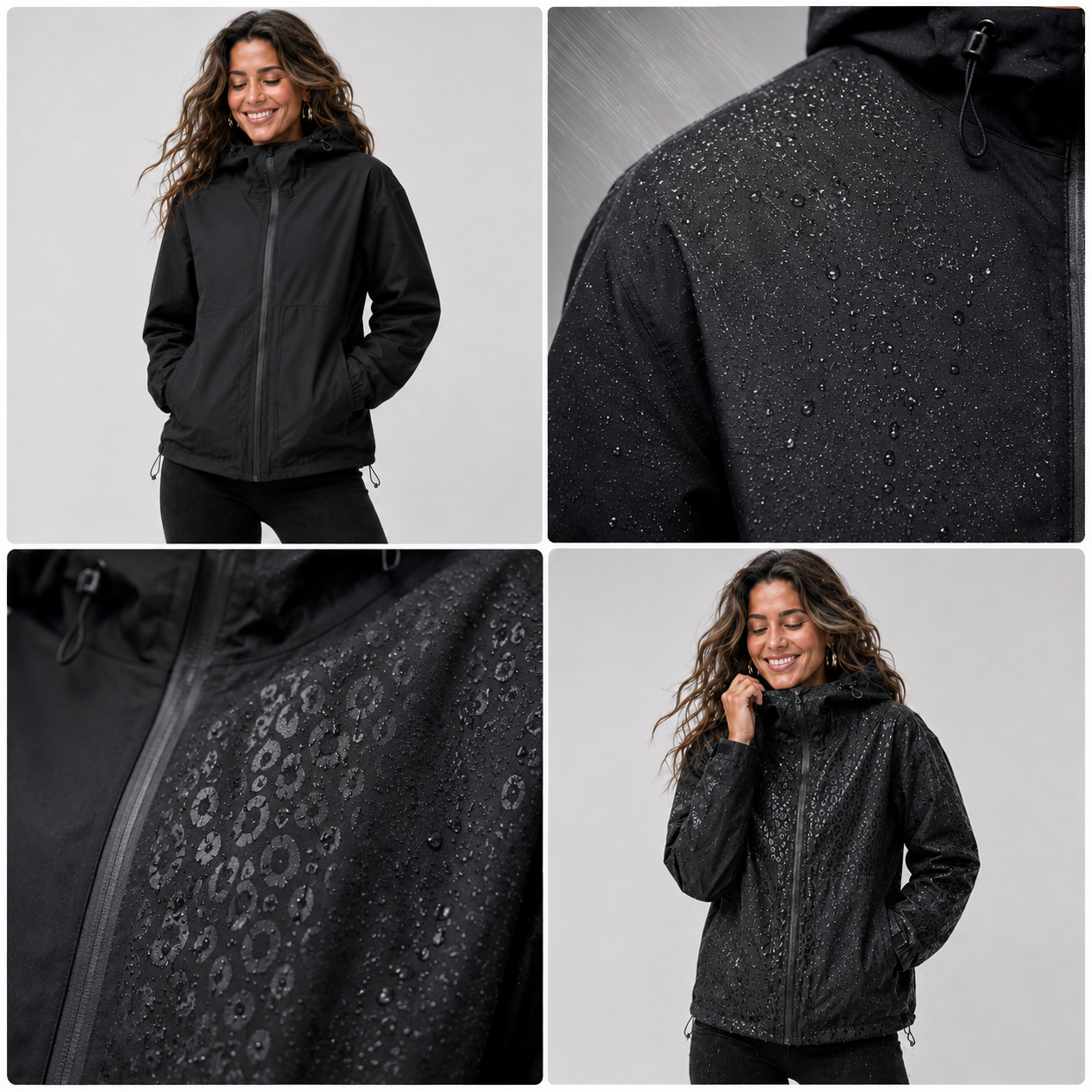 Detailaufnahmen der schwarzen Regenjacke – abperlende Regentropfen und aufscheinender Leoparden-Print