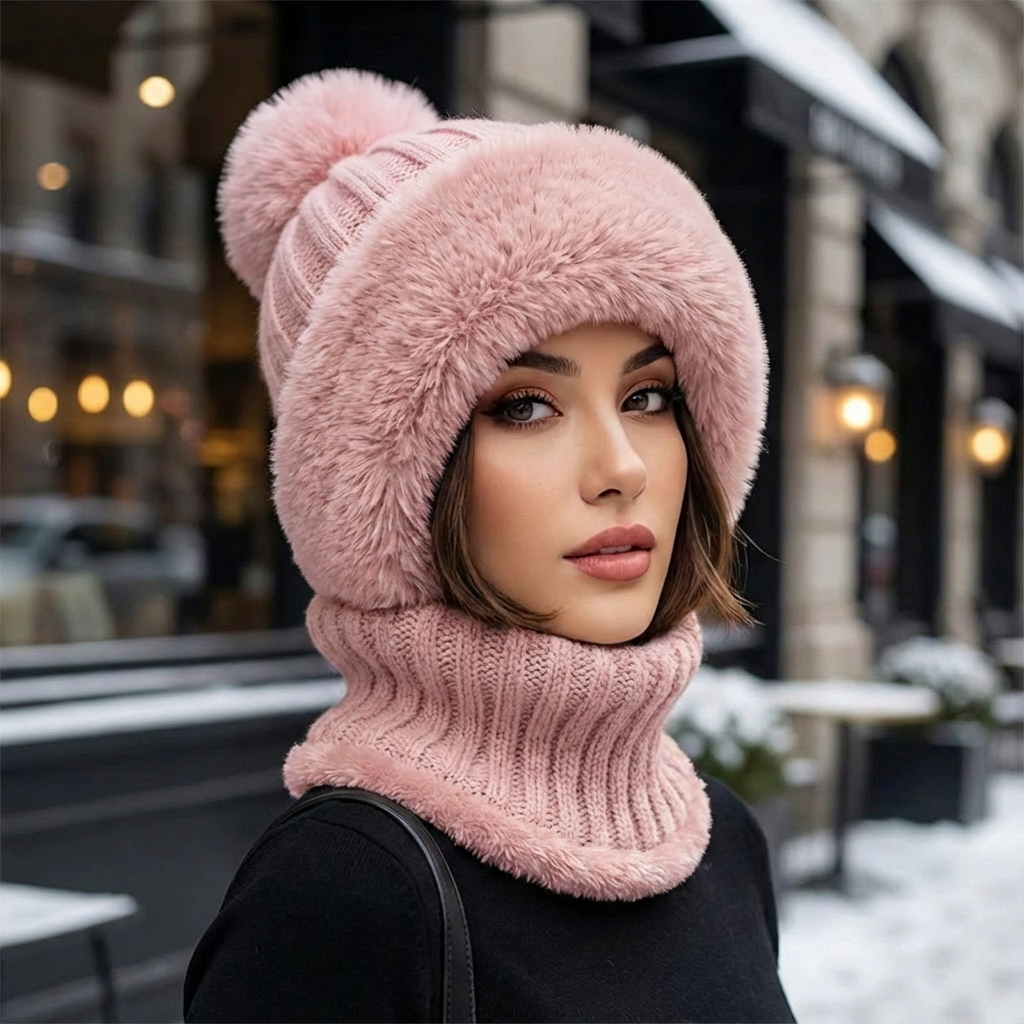 rosafarbene Wintermütze mit Kunstfell und Nackenschutz