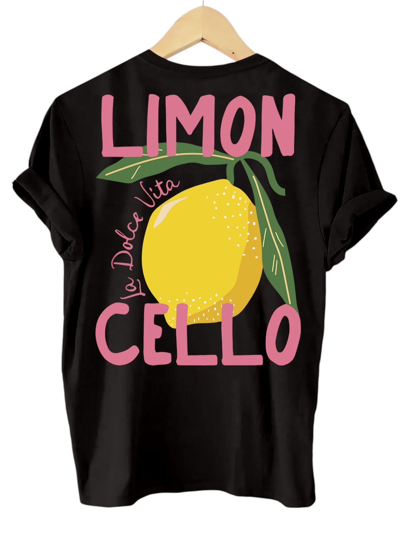 Limonvita Damen-T-Shirt in Schwarz mit rosa Limoncello-Zitronen-Print – Frontansicht