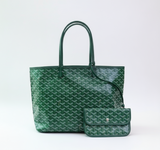 grüne tote bag mit muster und langen henkeln