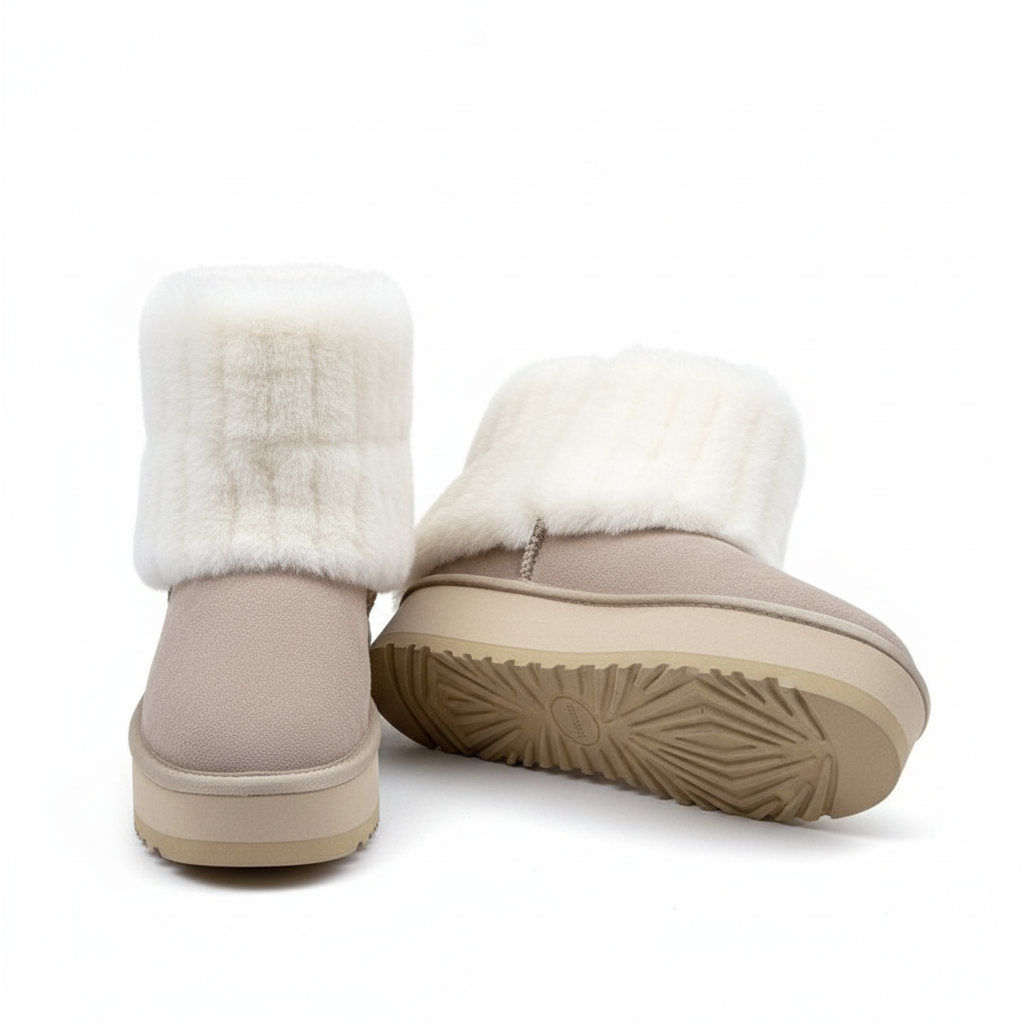 Taupe Damen Schneestiefel mit dicker weißer Fellkrempe und Profilsohle – ideal für kalte Wintertage.