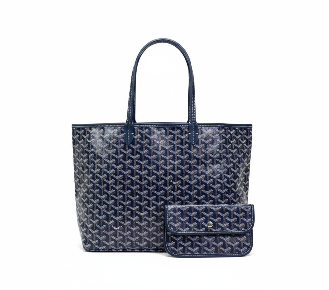 dunkelblaue tote bag mit geometrischem muster