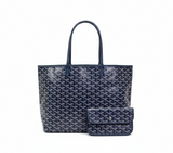 dunkelblaue tote bag mit geometrischem muster