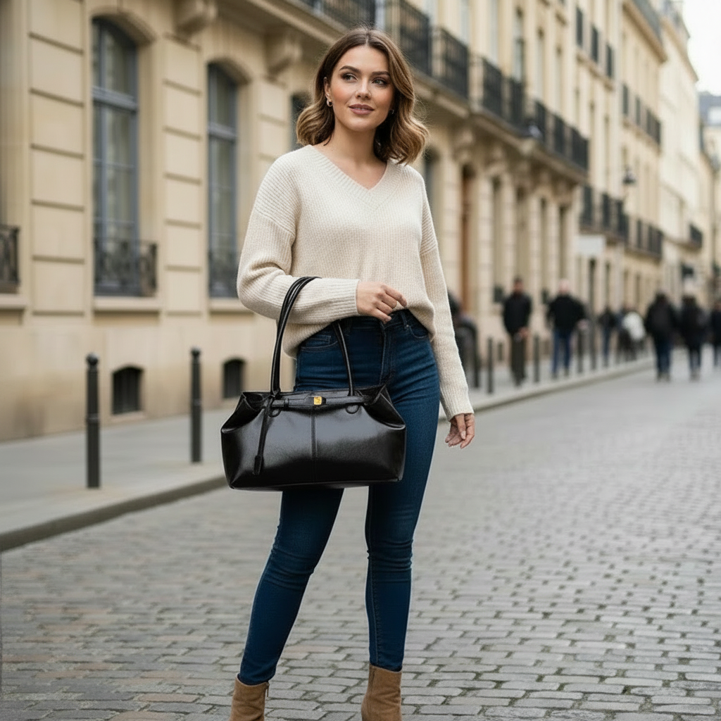 schwarze vegane handtasche damen kombiniert mit jeans und pullover