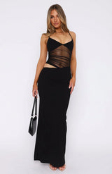schwarzes maxikleid mit mesh cut-out und tiefem v-ausschnitt