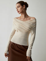 Schulterfreies Strick-Top in Aprikose mit Slim Fit, Nahaufnahme