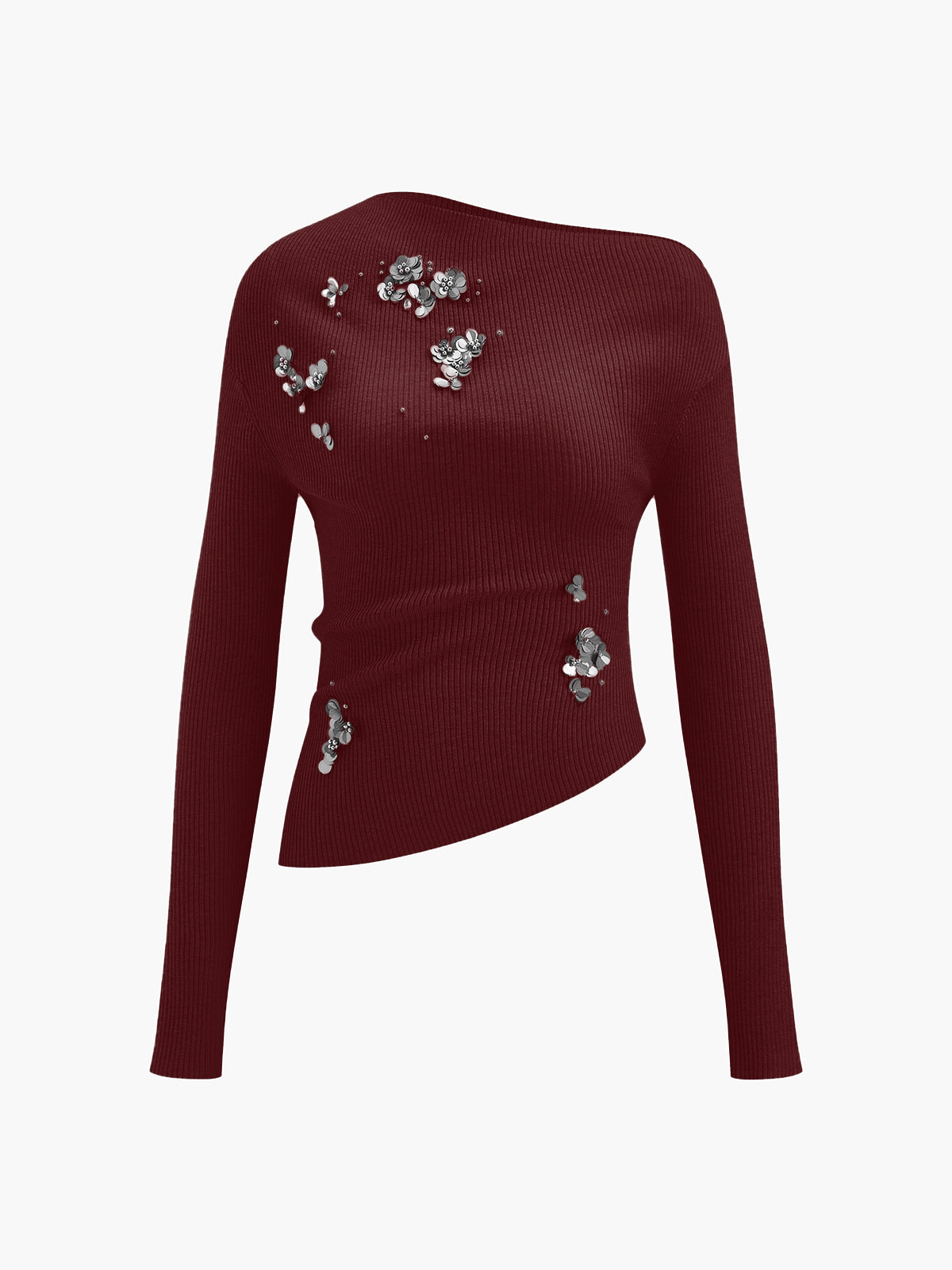 Mirabel asymmetrisches Strick-Top in Bordeaux mit silbernen Paillettenblüten