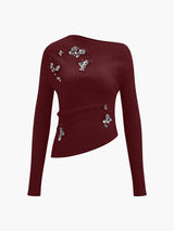Mirabel asymmetrisches Strick-Top in Bordeaux mit silbernen Paillettenblüten