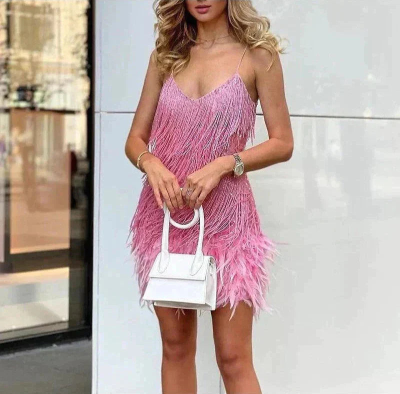 Élora Mini-Kleid in Pink – Statement Party Dress mit Federbesatz
