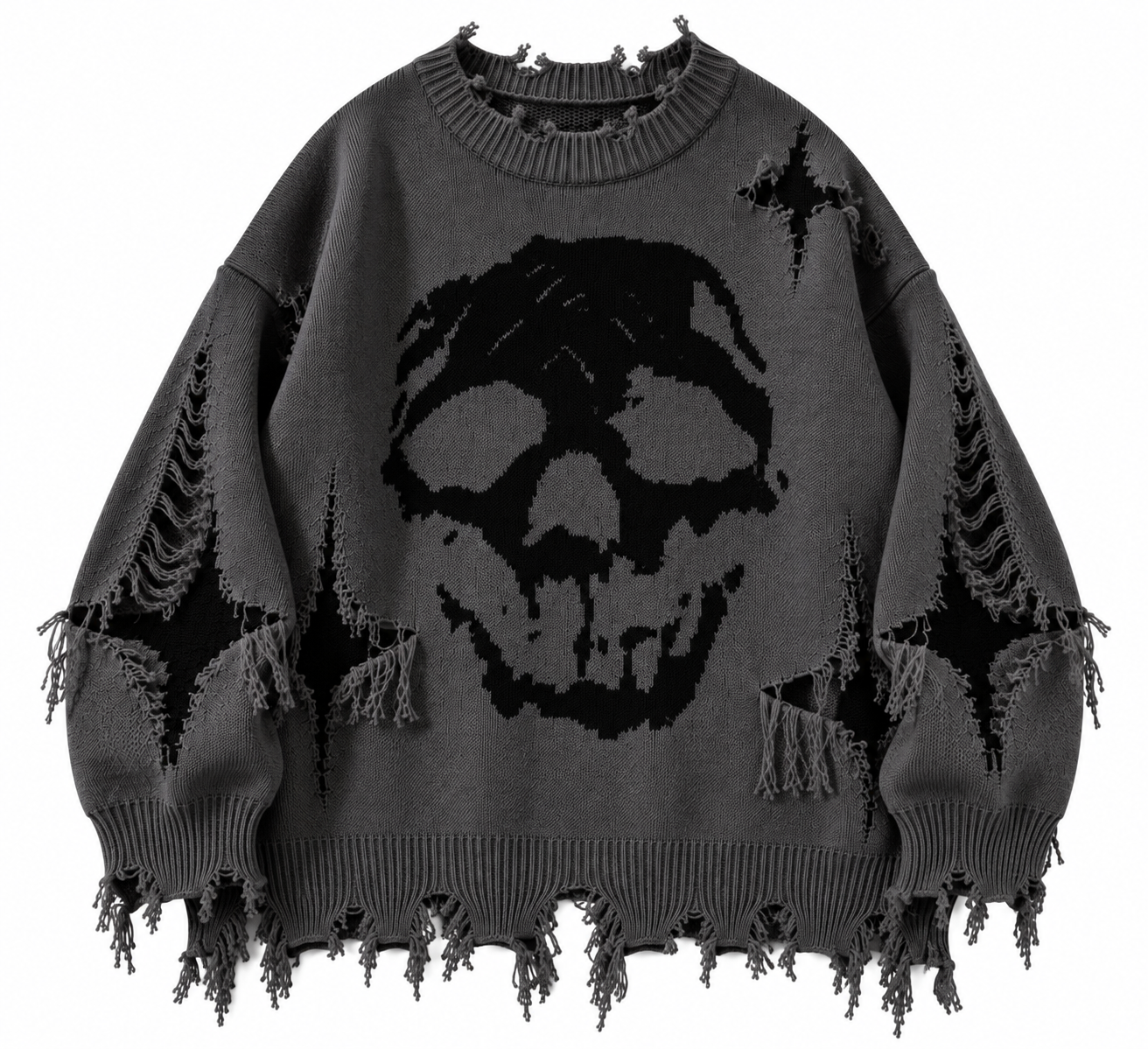 Grauer Skull-Pullover mit Grunge-Totenkopf