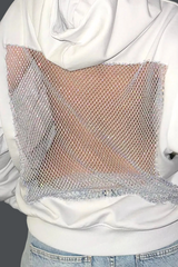 Weißer Oversize Hoodie Zamira mit offenem Rücken und glänzendem Mesh