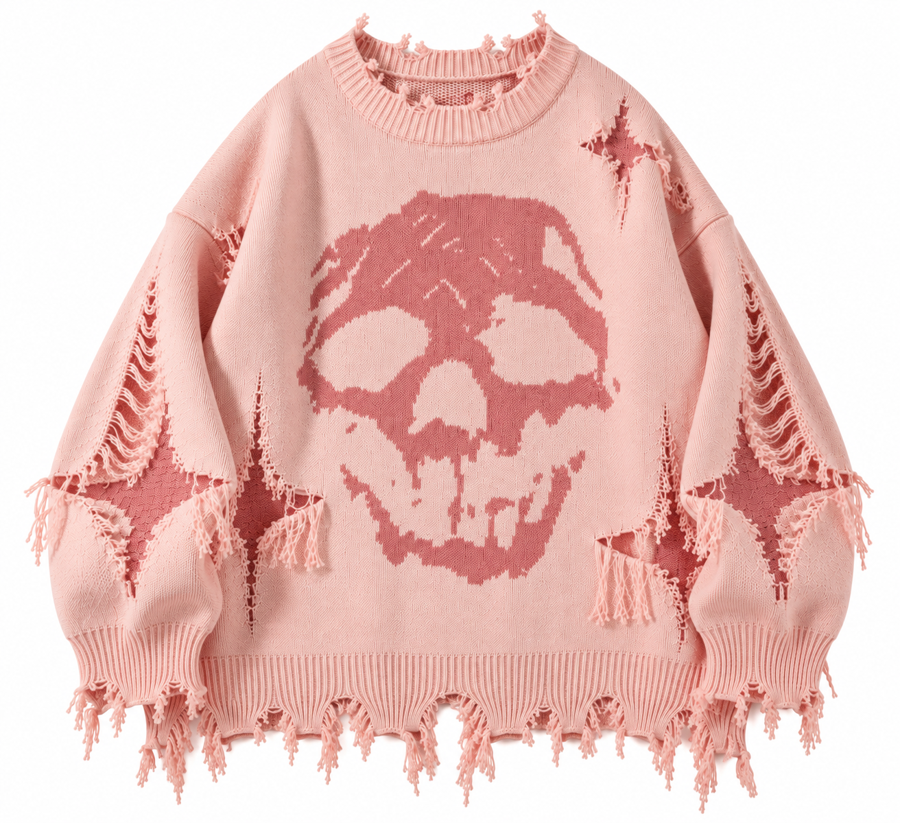 Rosa Distressed Skull-Pullover mit Totenkopfmotiv