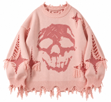 Rosa Distressed Skull-Pullover mit Totenkopfmotiv
