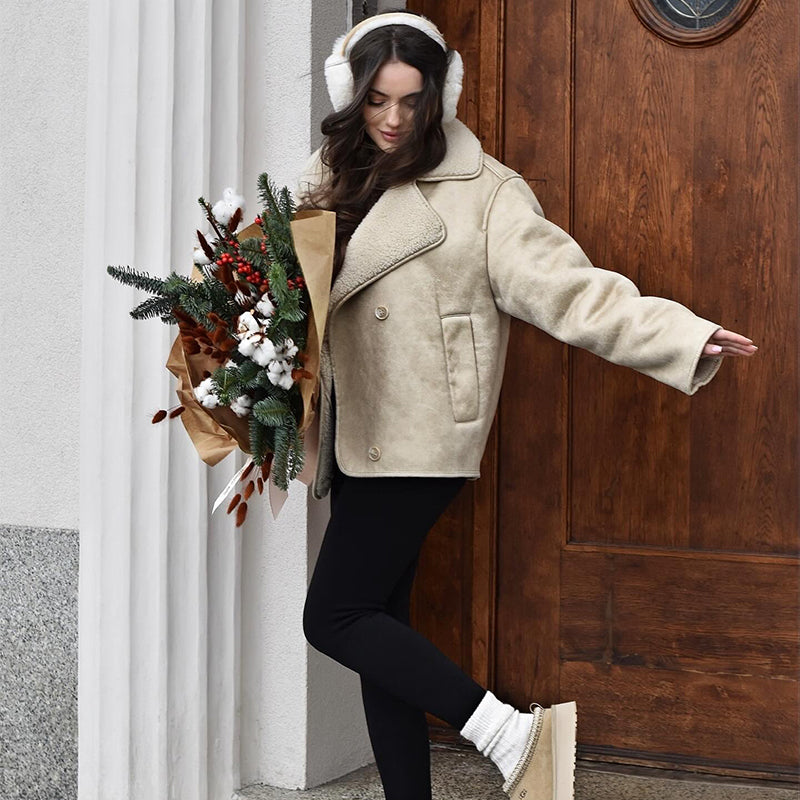 Beige Nevada Luxe Winterjacke mit Veloursleder-Optik
