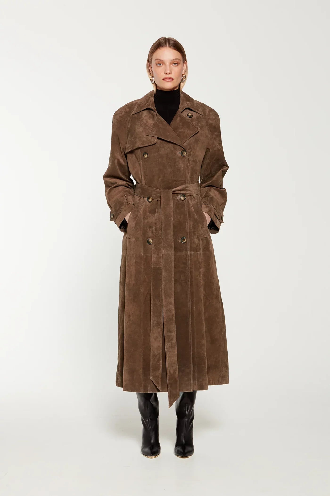 Sienna Suede Trenchcoat Damen in Wildleder-Optik in Braun mit Bindegürtel