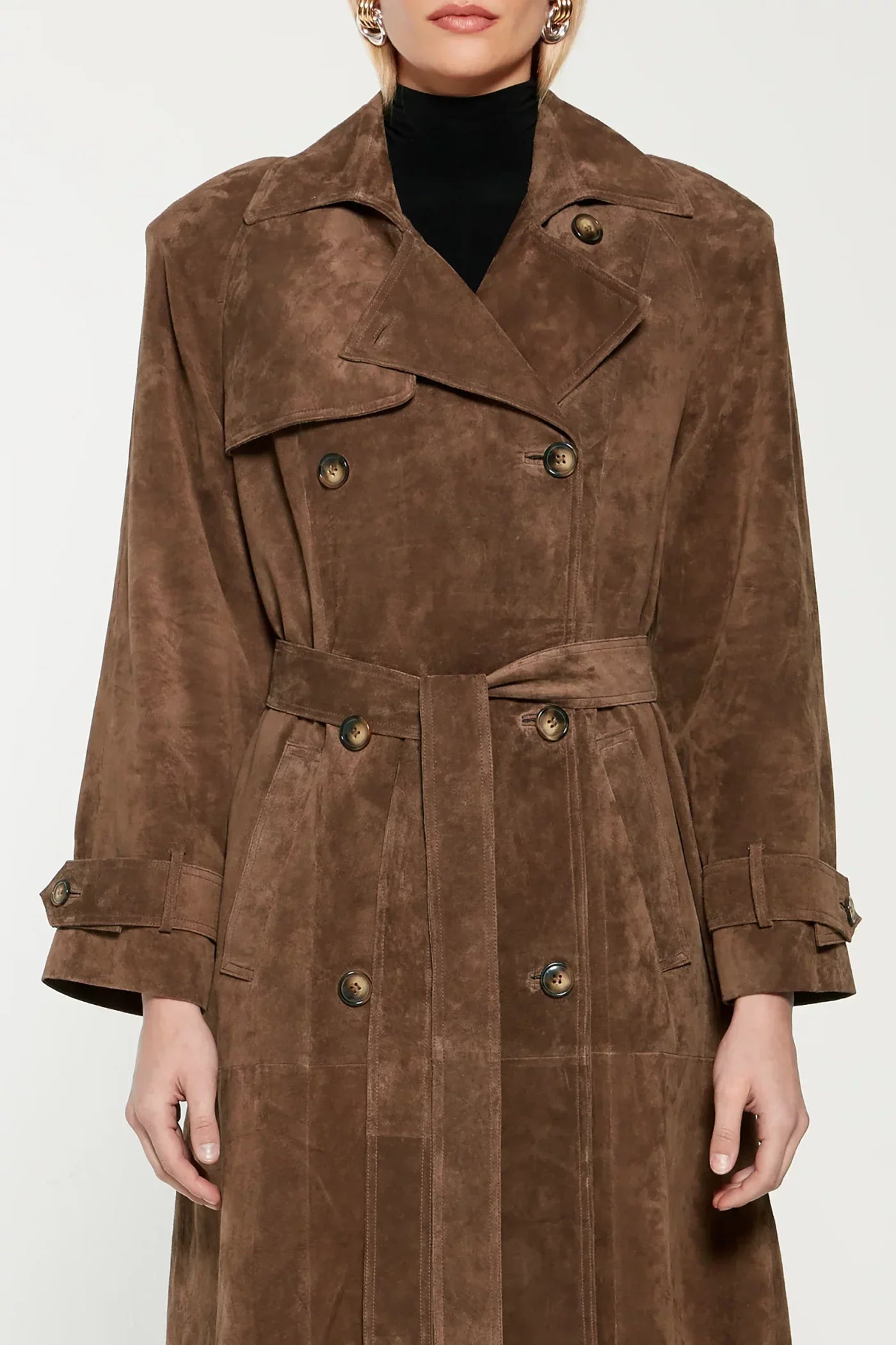 Eleganter Wildleder-Trenchcoat in Braun für Damen Detailansicht
