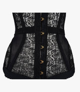 Modell trägt Seralyn Spitzen-Korsett Schwarz – Lookbook-Detail mit Goldhaken-Front