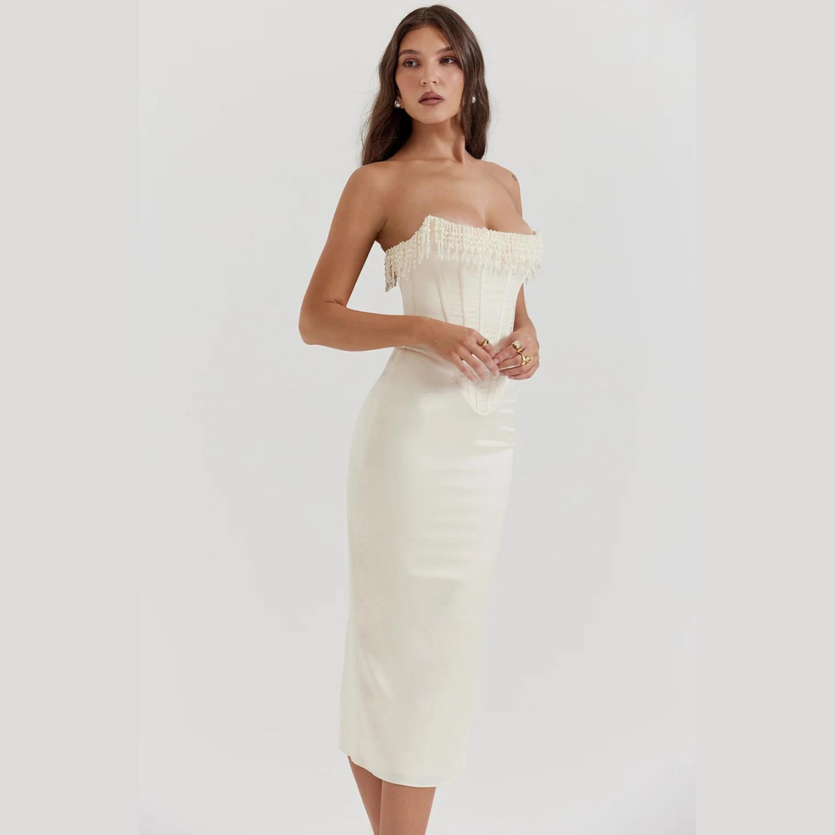 Pearl Embrace Kleid Vorderansicht in Elfenbein