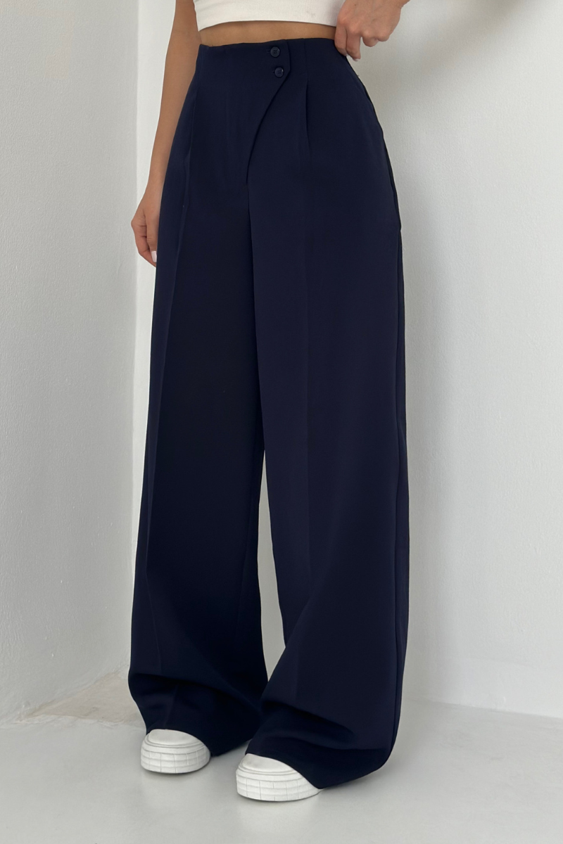 dunkelblaue wide leg high waist damenhose mit doppeltem Knopfverschluss